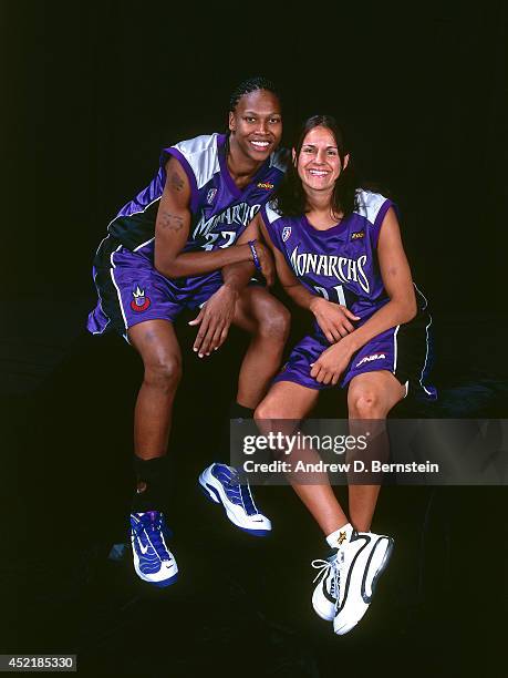 Yolanda Griffith and Ticha Penicheiro pose for a portrait during the 2000 WNBA All-Star Game on July 17, 2000 at America West Arena in Phoenix,...