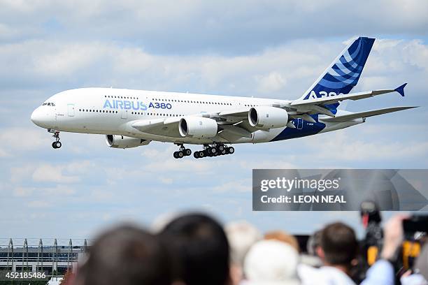 The Airbus A380 is displayed at the Farnborough air show in Hampshire, England, on July 15, 2014. The biennial event sees leading companies from the...