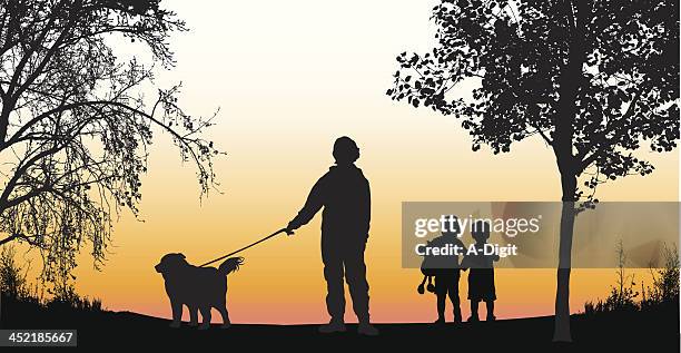 family sunset - pet leash stock illustrations