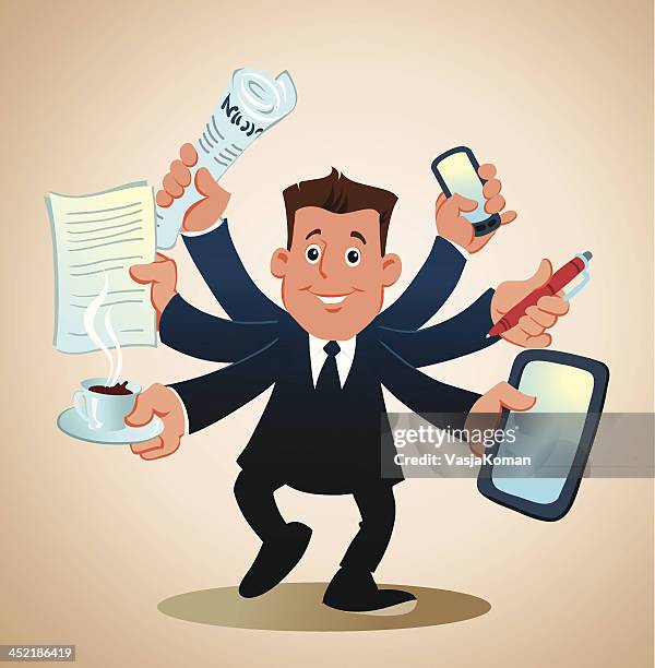 stockillustraties, clipart, cartoons en iconen met businessman performing many tasks - manusje van alles