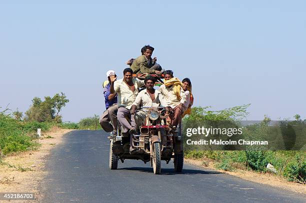 Chakdas are Gujarati motorcycle rickshaws, seen here in the Little Rann of Kutch on MARCH 14 near Dhrangadhra, Gujarat, India. The unidentified...