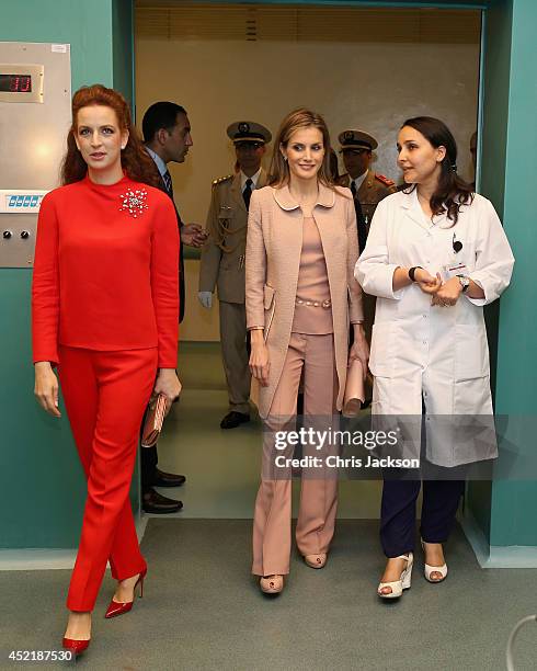 Queen Letizia of Spain and Princess Lalla Salma of Morocco visit an operating theatre during a visit to Lalla Salma Centre for Research Against...