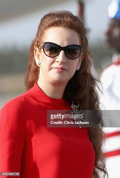 Princess Lalla Salma of Morocco at Rabat Airport on July 15, 2014 in Rabat, Morocco. The new King and Queen of Spain are on a two day visit to...