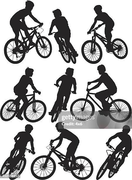ilustraciones, imágenes clip art, dibujos animados e iconos de stock de hombre de ciclismo - bici de montaña