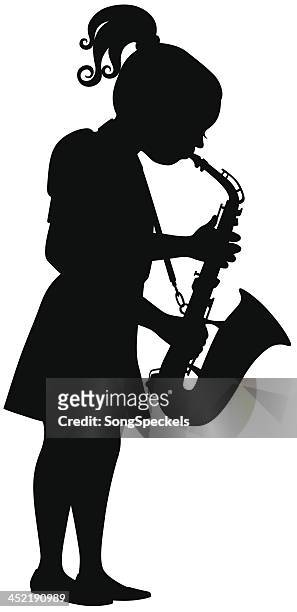 ilustraciones, imágenes clip art, dibujos animados e iconos de stock de girl tocando saxofón - kids instruments