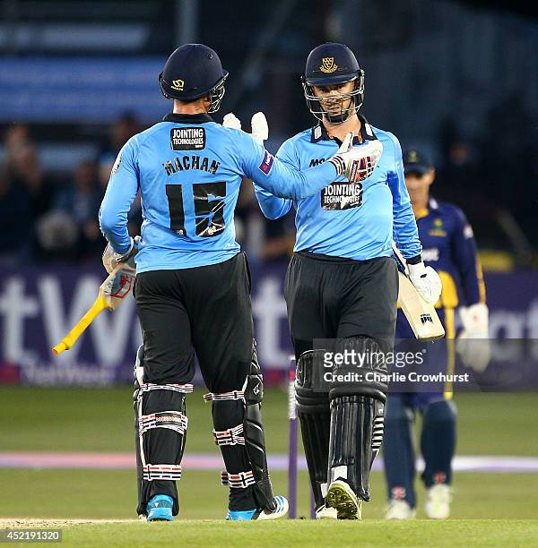 Will Beer and Matthew Machan of Sussex celebrate after winning the match during the Natwest T20 Blast match between Sussex Sharks and Glamorgan at...