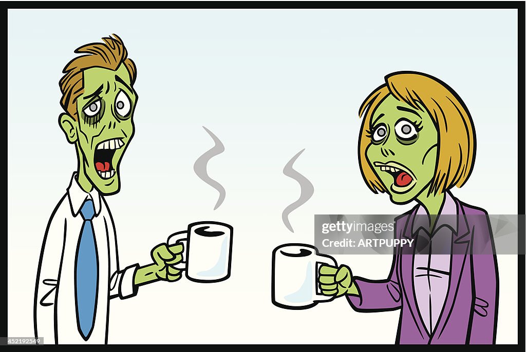 Zomibe trabalhadores com café