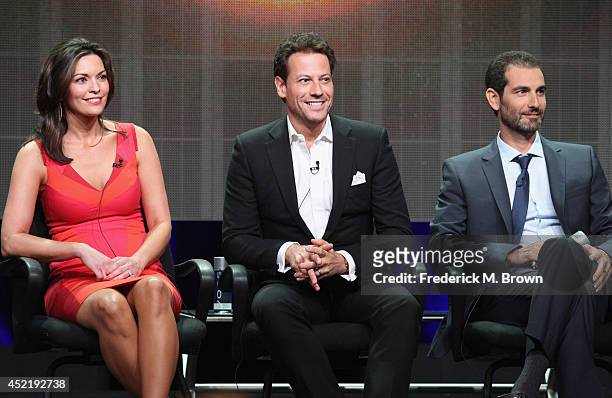 Actors Alana de la Garza, Ioan Gruffudd and Executive producer Matt Miller speak onstage at the 'Forever'' panel during the Disney/ABC Television...