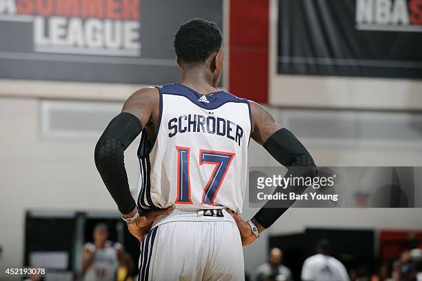 Dennis Schroder of the Atlanta Hawks stands on the court during a game against the Portland Trail Blazers during the Samsung NBA Summer League 2014...