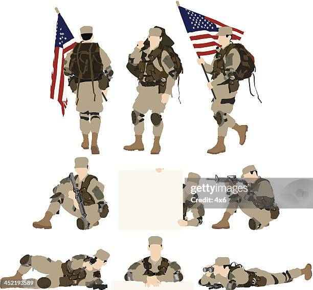 ilustraciones, imágenes clip art, dibujos animados e iconos de stock de army soldado - mochila bolsa