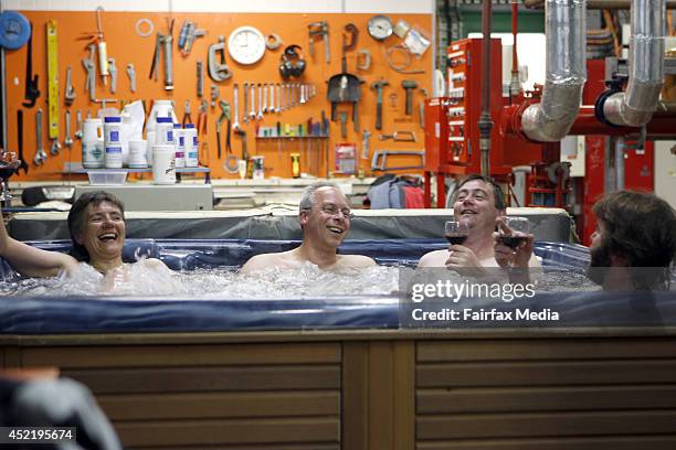 Glaciologists, Barbara Frankel, Tas von Ommen and Mark Curran, enjoy a spa in the tank house at Casey Station in the Australian Antarctic Division,...