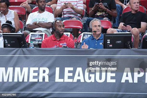 Broadcasters Mateen Cleaves and Vince Cellini announce the game between the Minnesota Timberwolves and the Chicago Bulls at the Samsung NBA Summer...