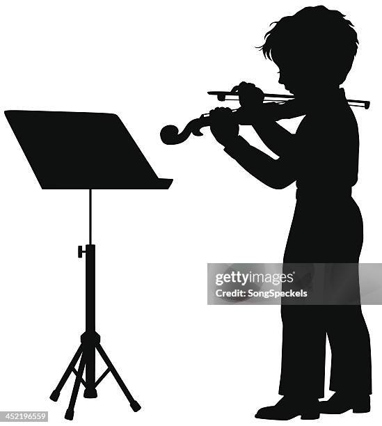 kleine junge spielt violine - notenständer stock-grafiken, -clipart, -cartoons und -symbole