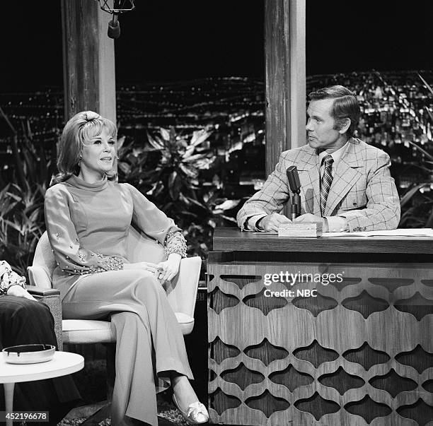 Pictured: Musical guest Jaye P. Morgan during an interview with host Johnny Carson on November 17, 1970 --