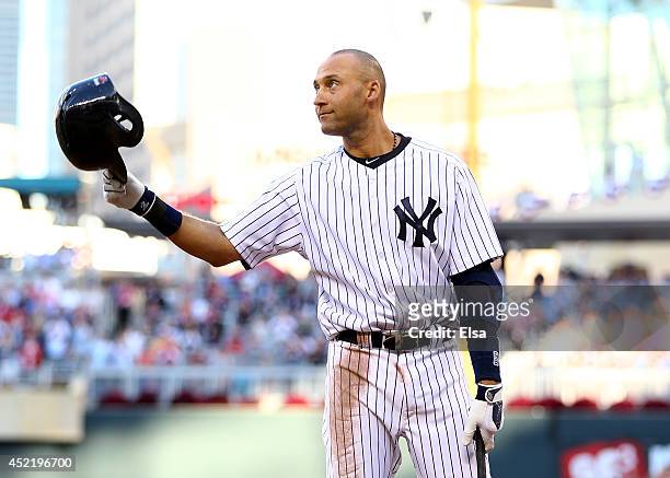 American League All-Star Derek Jeter of the New York Yankees acknowledges the crowd before his first at bat during the 85th MLB All-Star Game at...