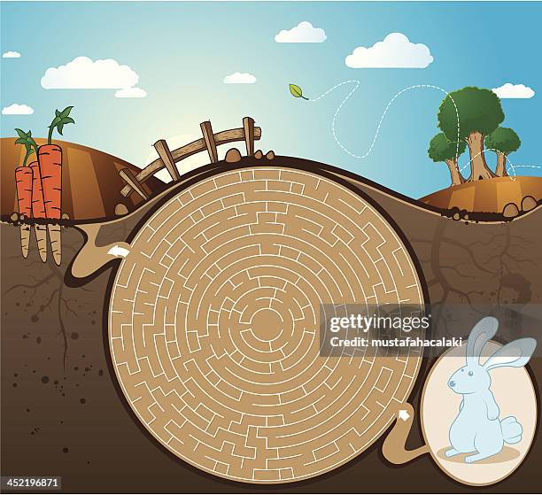 rabbit and the labyrinth - rabbit burrow stock illustrations