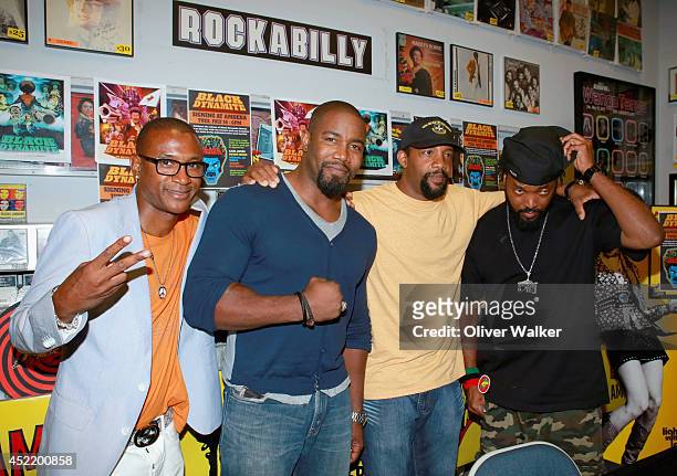 Actor Tommy Davidson, actor Michael Jai White, actor Byron Minns and producer Carl Jones arrive at the "Black Dynamite" DVD Signing at Amoeba Music...