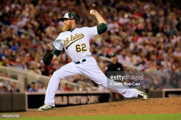 American League All-Star Sean Doolittle of the Oakland Athletics pitches against the National League All-Stars during the 85th MLB All-Star Game at...