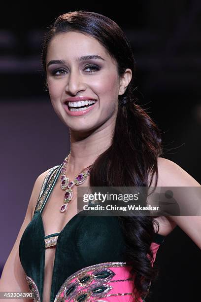 Shraddha Kapoor walks the runway at the Gitanjali Gems show during day 2 of the India International Jewellery Week 2014 at grand Hyatt on July 15,...