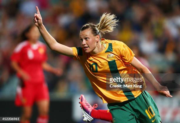 Emily VanEgmond of the Matildas celebrates scoring the second goal during the Women's International Friendly match between the Australian Matildas...