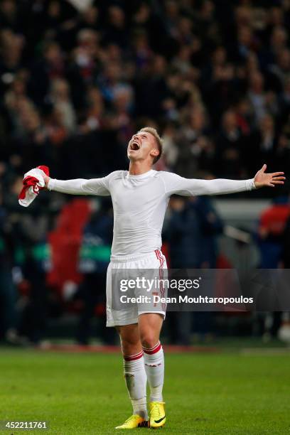 Viktor Fischer of Ajax celebrates victory after the UEFA Champions League Group H match between Ajax Amsterdam and FC Barcelona at Amsterdam Arena on...