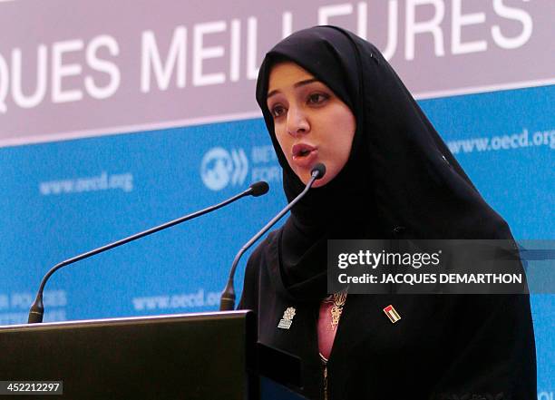 Reem Al Hashemi, UAE State Minister delivers a speech during the presentation of the candidacies for the 2020 World Expo, at the OECD headquarters in...