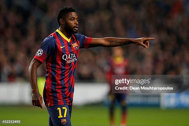 Alex Song of Barcelona speaks to a team mate during the UEFA Champions League Group H match between Ajax Amsterdam and FC Barcelona at Amsterdam...