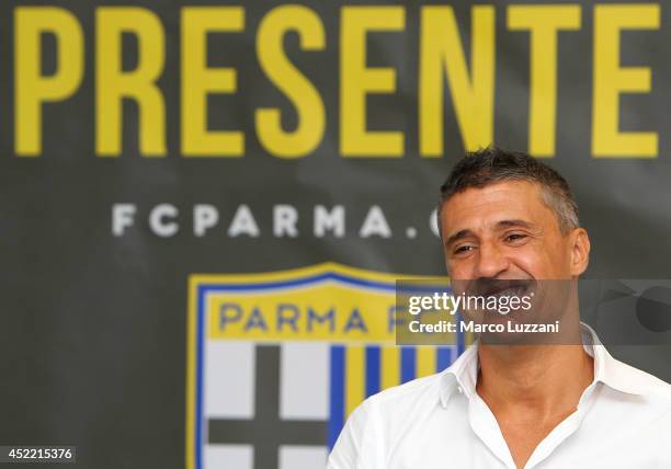 New coach of Parma FC juvenile Hernan Crespo speaks to the media during a press conference at the club's training ground on July 16, 2014 in...