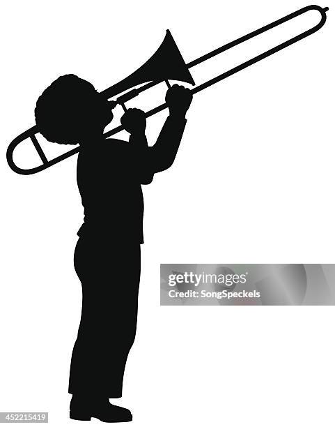 boy with trombone - wind instrument stock illustrations