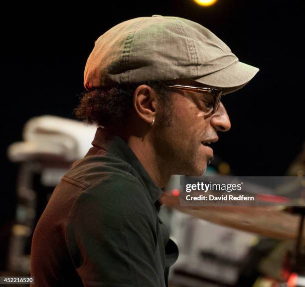 Manu Katche performs on stage at Jazz A Juan on July 16, 2014 in Juan-les-Pins, France.