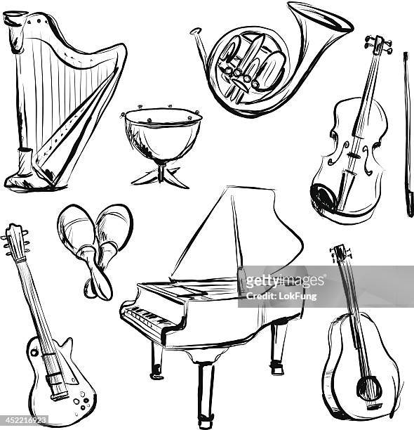 illustrazioni stock, clip art, cartoni animati e icone di tendenza di schizzo di strumento musicale n antracite stile - flauto