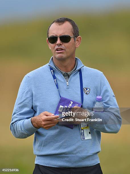 Andrew Coltart looks on during a practice round prior to the start of The 143rd Open Championship at Royal Liverpool on July 16, 2014 in Hoylake,...