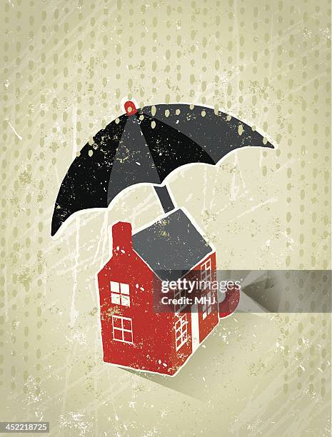 giant umbrella protecting a tiny house from the rain - flood preparation stock illustrations