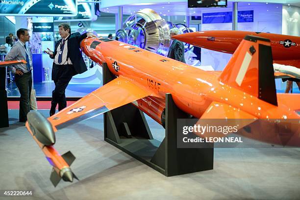 Drone known as 'BQM-167A remotely-controlled subscale aerial target' is pictured at the Farnborough Air Show in Hampshire, southern England, on July...