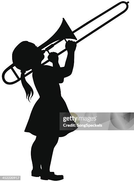 bildbanksillustrationer, clip art samt tecknat material och ikoner med little girl playing trombone - trombon