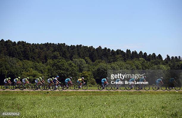 The peloton in action during the eleventh stage of the 2014 Tour de France, a 188km stage between Besancon and Oyonnax, on July 16, 2014 in Oyonnax,...