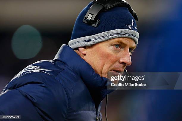 Head coach Jason Garrett of the Dallas Cowboys looks on during the game against the New York Giants at MetLife Stadium on November 24, 2013 in East...