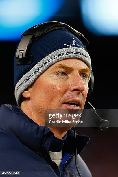 Head coach Jason Garrett of the Dallas Cowboys looks on during the game against the New York Giants at MetLife Stadium on November 24, 2013 in East...