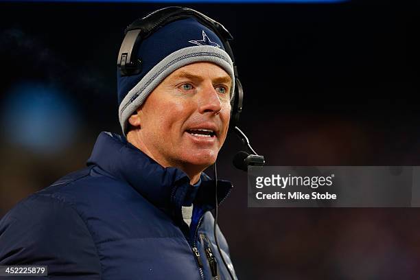 Head coach Jason Garrett of the Dallas Cowboys looks on during the game against the New York Giants at MetLife Stadium on November 24, 2013 in East...