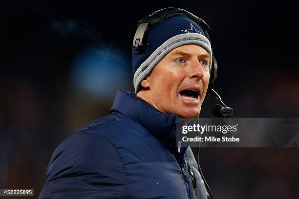 Head coach Jason Garrett of the Dallas Cowboys looks on during the game against the New York Giants at MetLife Stadium on November 24, 2013 in East...