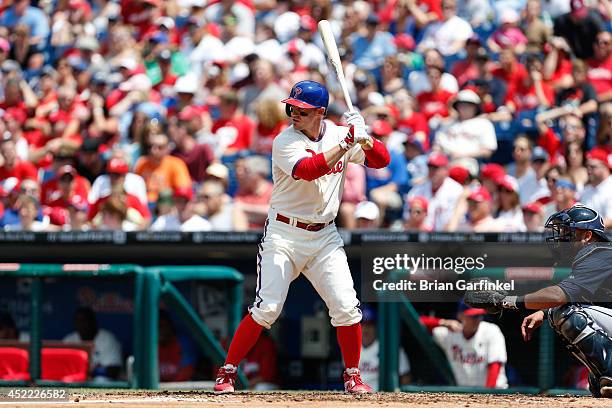 Koyie Hill of the Philadelphia Phillies bats during the first game of a doubleheader against the Atlanta Braves at Citizens Bank Park on June 28,...