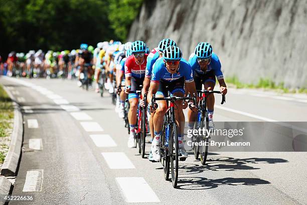 Tom Jelle Slagter of Garmin-Sharp leads the pack during the eleventh stage of the 2014 Tour de France, a 188km stage between Besancon and Oyonnax, on...