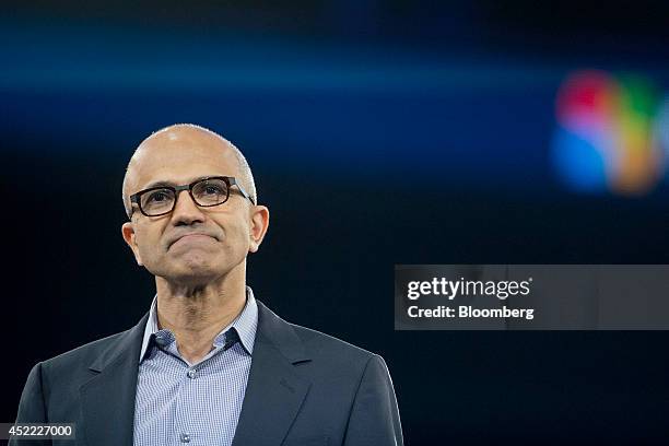 Satya Nadella, chief executive officer of Microsoft Corp., pauses while speaking during a keynote session at the Microsoft Worldwide Partner...