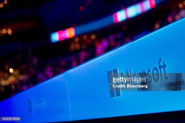 The Microsoft Corp. Logo is displayed before a keynote session at the Microsoft Worldwide Partner Conference in Washington, D.C., U.S., on Wednesday,...