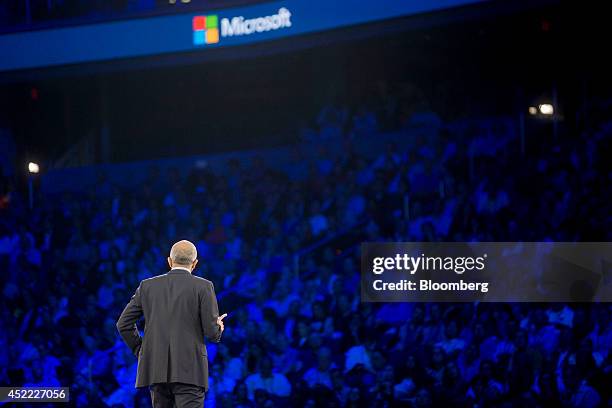 Satya Nadella, chief executive officer of Microsoft Corp., speaks during a keynote session at the Microsoft Worldwide Partner Conference in...