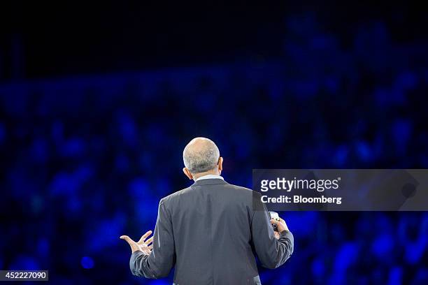 Satya Nadella, chief executive officer of Microsoft Corp., speaks during a keynote session at the Microsoft Worldwide Partner Conference in...