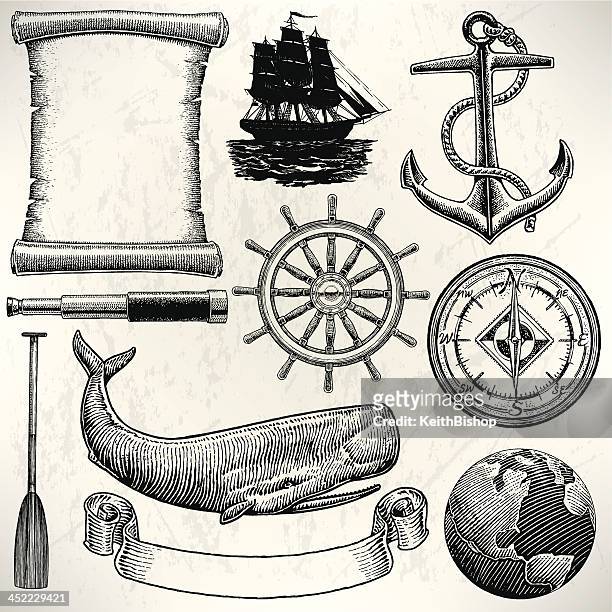 stockillustraties, clipart, cartoons en iconen met sail boat - old world sailing discovery nautical equipment - handtelescoop