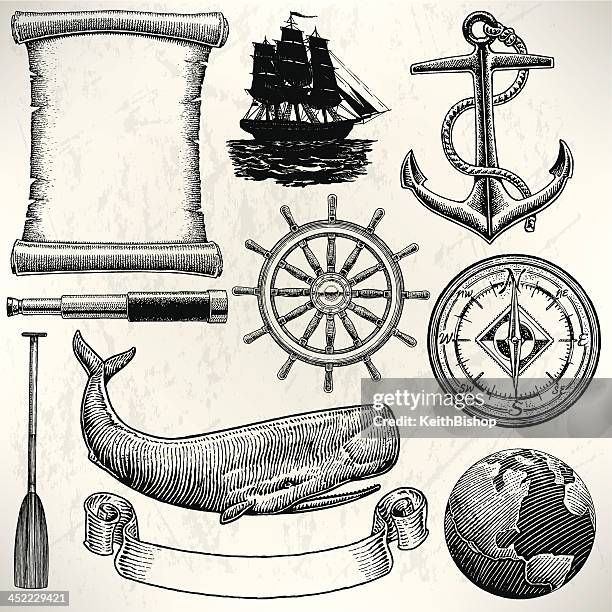 bildbanksillustrationer, clip art samt tecknat material och ikoner med sail boat - old world sailing discovery nautical equipment - roder