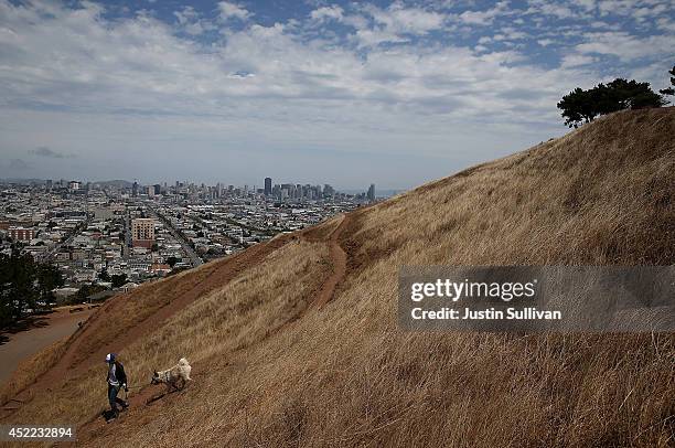 Woman walks her dog walker on a dried section of Bernal Heights Park on July 16, 2014 in San Francisco, California. As the severe drought in...