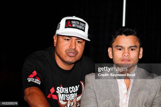 Trainer Robert Garcia is interviewed with his boxer Marcos "El Chino" Maidana during the "Mayhem: Mayweather vs. Maidana II" championship rematch...